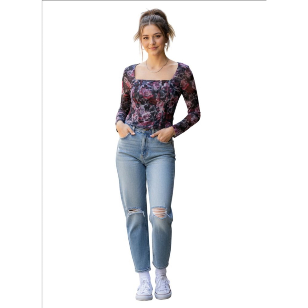 Women's Jolie & Joy Black Pink Floral Long Sleeve Tee S